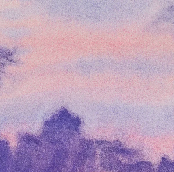 Abstract Kleurrijke Aquarelachtergrond Twilight Skyline Paarse Wolken Handgetekend Papier Met — Stockfoto