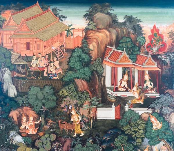 Thailändische Wandmalerei aus dem Leben des Buddha — Stockfoto