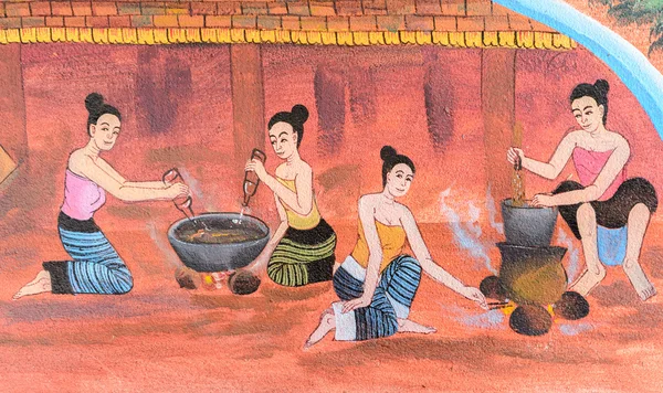 Pintura mural tailandesa de la vida de Lanna tailandesa en el pasado —  Fotos de Stock