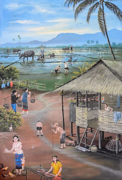 Thaise muurschildering van Thaise mensen leven in het verleden — Stockfoto