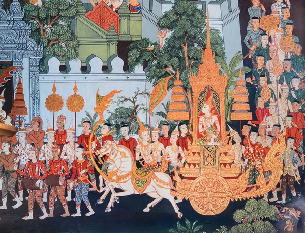 Peinture murale thaïlandaise de la vie de Bouddha — Photo