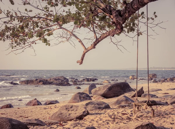 Balanço de madeira na árvore na praia Khao Lak na cor estilo vintage — Fotografia de Stock