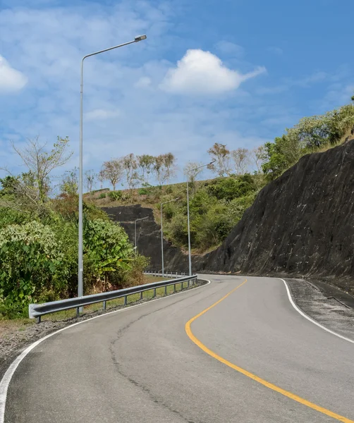 Kromme asfaltweg met verlichting paal — Stockfoto