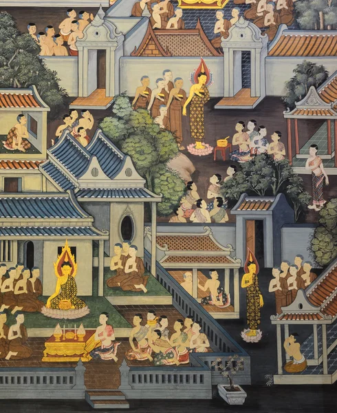 Tajski Malarstwo ścienne na ścianie świątyni — Zdjęcie stockowe