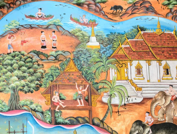 Pintura mural tailandesa de la vida de Lanna tailandesa en el pasado en el templo wal —  Fotos de Stock