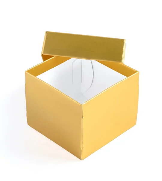 Caixa de presente de ouro aberta com tampa — Fotografia de Stock