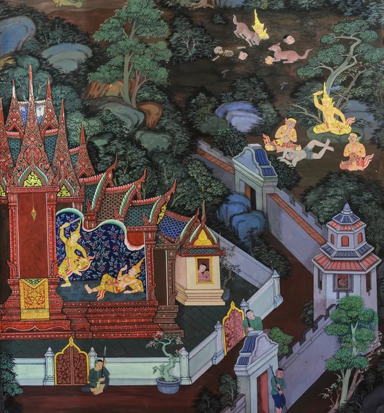 Thailändische Wandmalerei an Tempelwand — Stockfoto