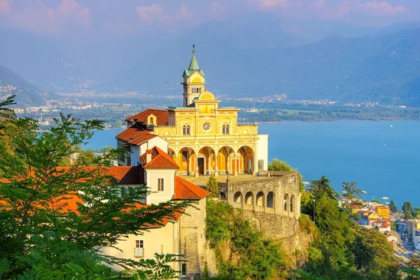 View Madonna Del Sasso Church Locarno City Maggiore Lake Switzerland — Stock Photo, Image
