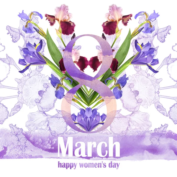 Greeting Card for March 8 with a bouquet of irises and watercolor textures — Stock Photo, Image