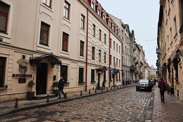 Lviv, Ucrania - 24 de enero de 2015: Paisaje urbano de Lviv. Vista de la calle Lviv con la antigua arquitectura y adoquines — Foto de Stock