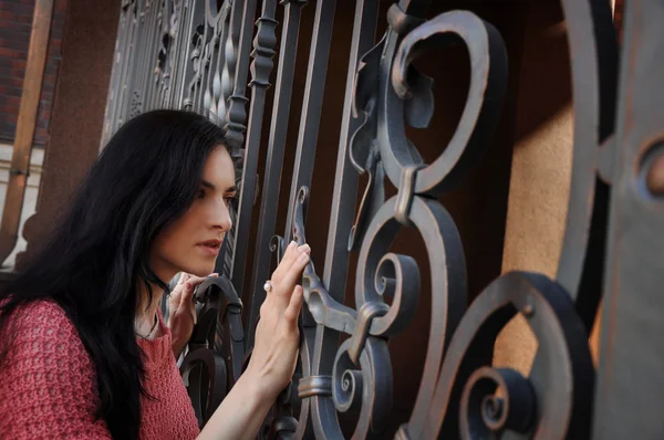 Beautiful brunette girl on the background of forged fence — Stock Photo, Image