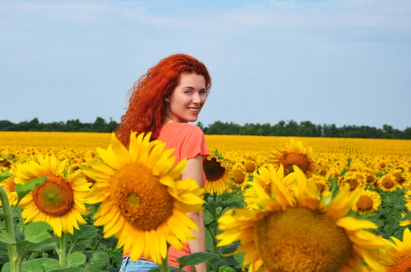 Ayçiçeği alanını Kızıl saçlı kız — Stok fotoğraf