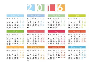 2016 İngilizce için takvim