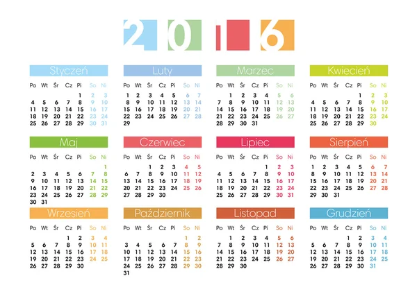 Calendario per il 2016 in polacco — Vettoriale Stock
