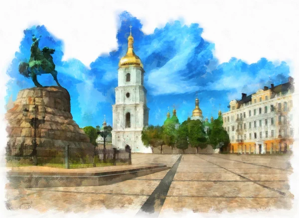 Софійський собор та пам'ятник Богдану Хмельницькому — стокове фото