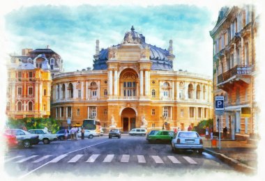 Odessa, Ukrayna 'daki Opera ve Bale Tiyatrosu. Suluboya resim.
