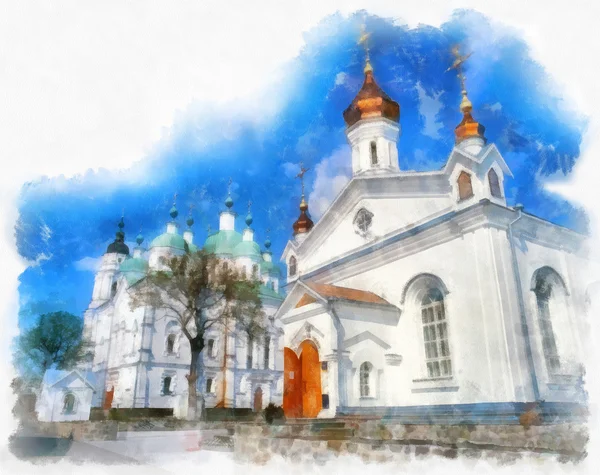 Santa Cruz Exaltação Mosteiro em Poltava, Ucrânia. Pintura aquarela . — Fotografia de Stock
