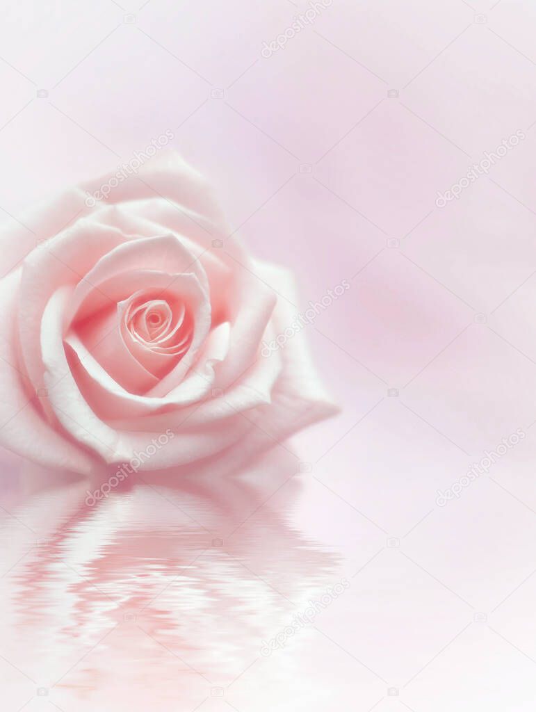 Pink rose on a light pink background. Beautiful pink rose reflecting in water.