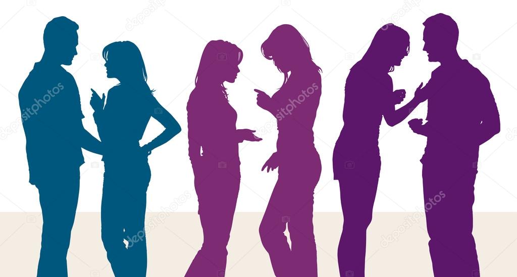 Silhouettes of young women and man arguing with each other