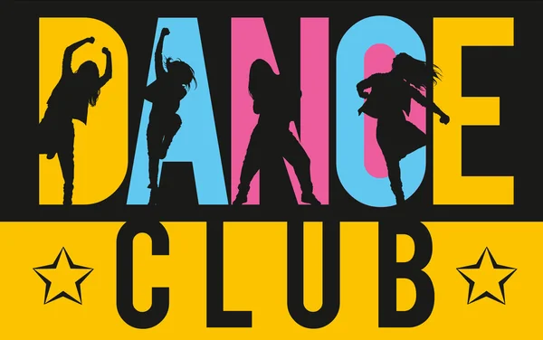 Meisjes dansen moderne dansstijlen binnen belettering dansclub — Stockvector