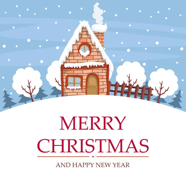 Snow Landscape Design House Merry Christmas Card — Stock Vector