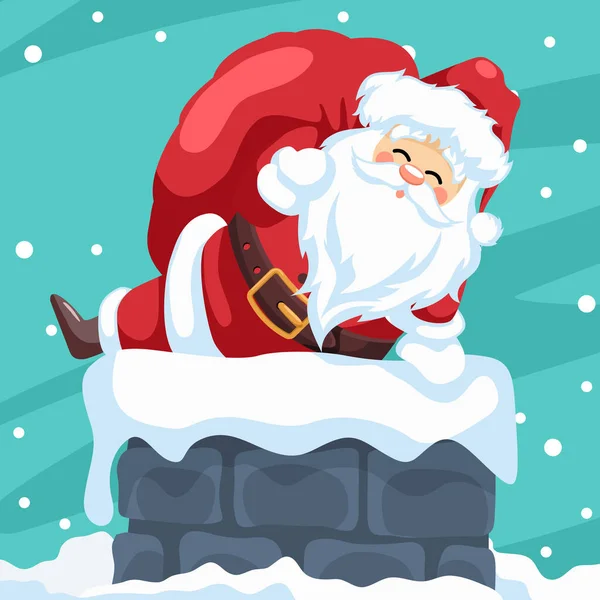 Fröhliches Weihnachtskartendesign Des Weihnachtsmannes Der Durch Den Schornstein Eintritt — Stockvektor