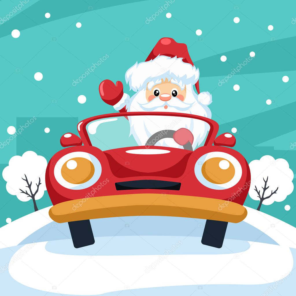 Design of santa claus driving a car at christmas