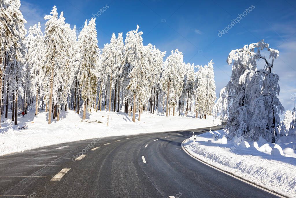 Road at the Feldberg plateau in winter, Taunus, Hesse, Germany