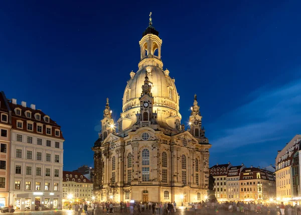 Barokní Fasáda Drážďan Frauenkirche Během Modré Hodiny Sasko Německo — Stock fotografie