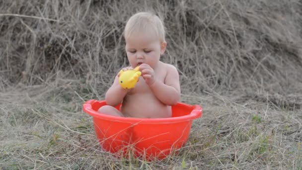 Bambina che gioca con i giocattoli sull'erba . — Video Stock