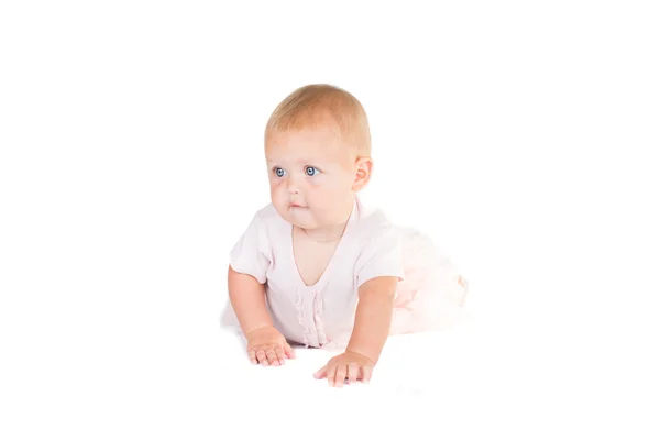 Portrait of an adorable preschool age girl playing dress up wearing a ballet tutu, isolated on white — Stock Photo, Image