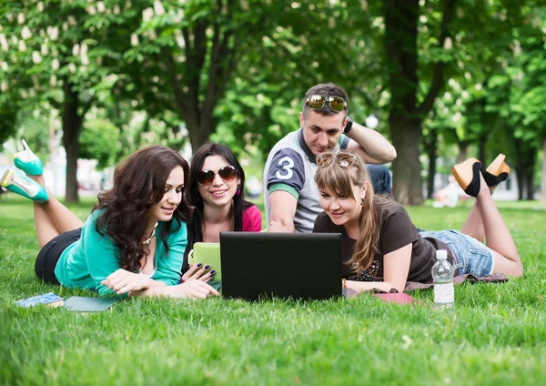 Gruppo di giovani studenti universitari seduti sull'erba — Foto Stock