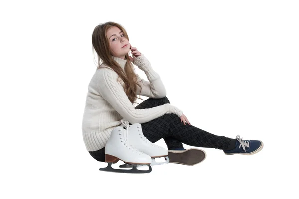 Meisje met schaatsen geïsoleerd — Stockfoto