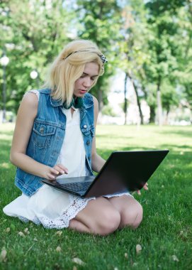Dizüstü bilgisayarda çalışma çimenlerin üzerinde oturan karışık yarış üniversite öğrencisi