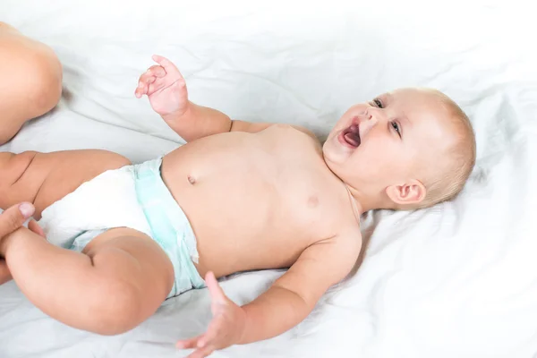 Baby massage. Mother massaging infant belly — Stock Photo, Image