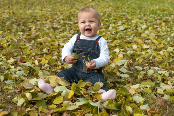 Güzel küçük kız bir parkta sonbaharda ayakta — Stok fotoğraf