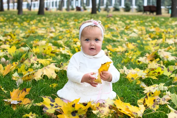 Güzel küçük kız bir parkta sonbaharda ayakta — Stok fotoğraf