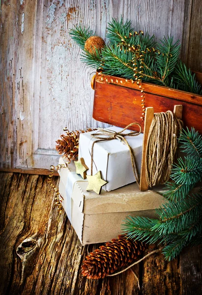 Gifts, boxes, christmas decorations — Stock Photo, Image