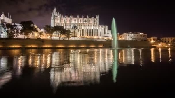 Kathedrale von Mallorca bei Nacht, rotierende Kamera — Stockvideo