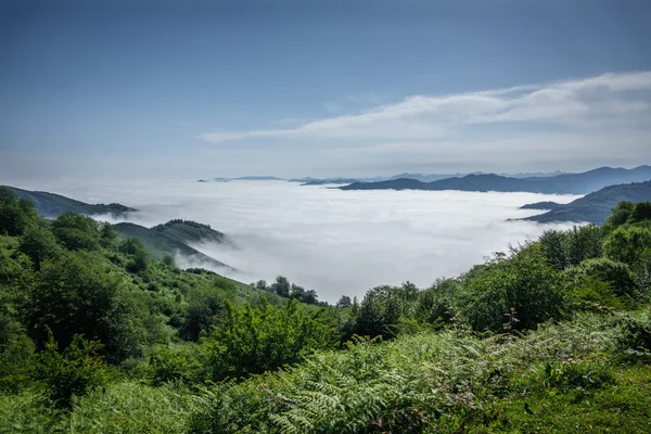 Sobre las nubes y la niebla entre montañas cumbres paisaje —  Fotos de Stock