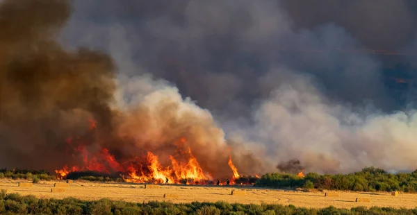 Espectacular tiro largo de bomberos en la primera línea de fuego —  Fotos de Stock
