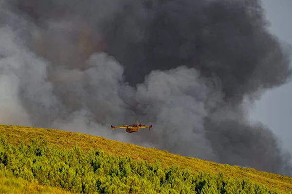 Hidroavião voando na direção da fumaça de fogo — Fotografia de Stock