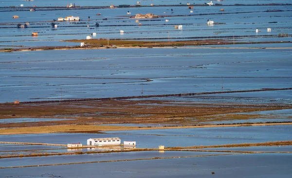Översvämmade risfält och hus långskott — Stockfoto