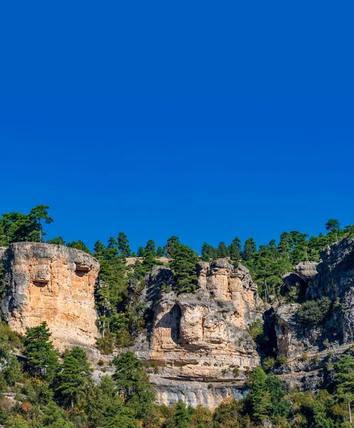 Вертикальные скалистые скалы и сосны под голубым небом — стоковое фото