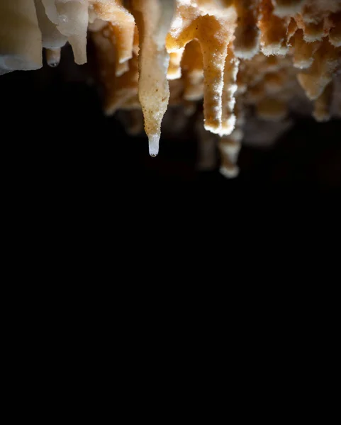 Formacja stalaktytów z kroplą wody i czarnym tłem — Zdjęcie stockowe