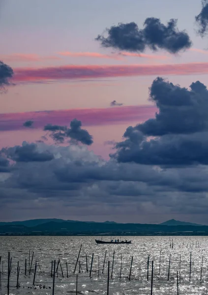 Isolated fishing boat over the lake with text space — Stock Photo, Image