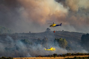 Arka planda iki helikopter, bambi kovası ve itfaiyeciler var.