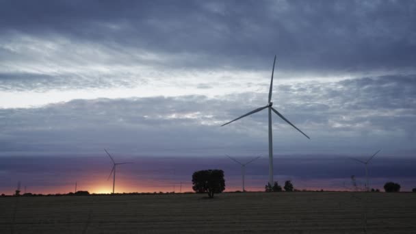 Günbatımı modern rüzgar türbinleri ve araba silueti ile — Stok video