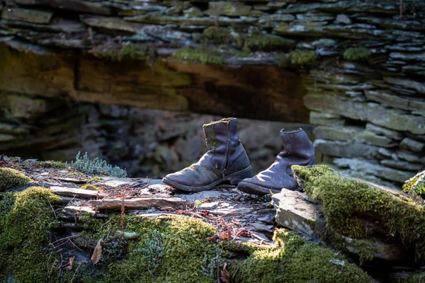 Velhas botas com musgo sobre a parede — Fotografia de Stock