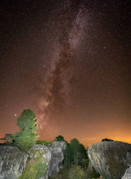Grandes rocas y árboles bajo la Vía Láctea — Foto de Stock